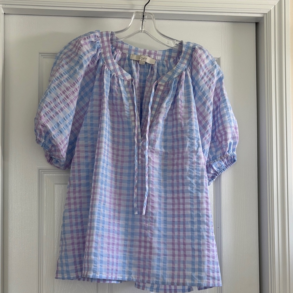 LOFT Blue and Purple Checkered Blouse